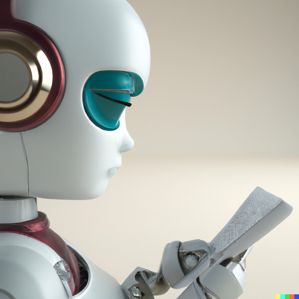 «A robot listening to music and writing about a song» – generated by AI program Dall-E