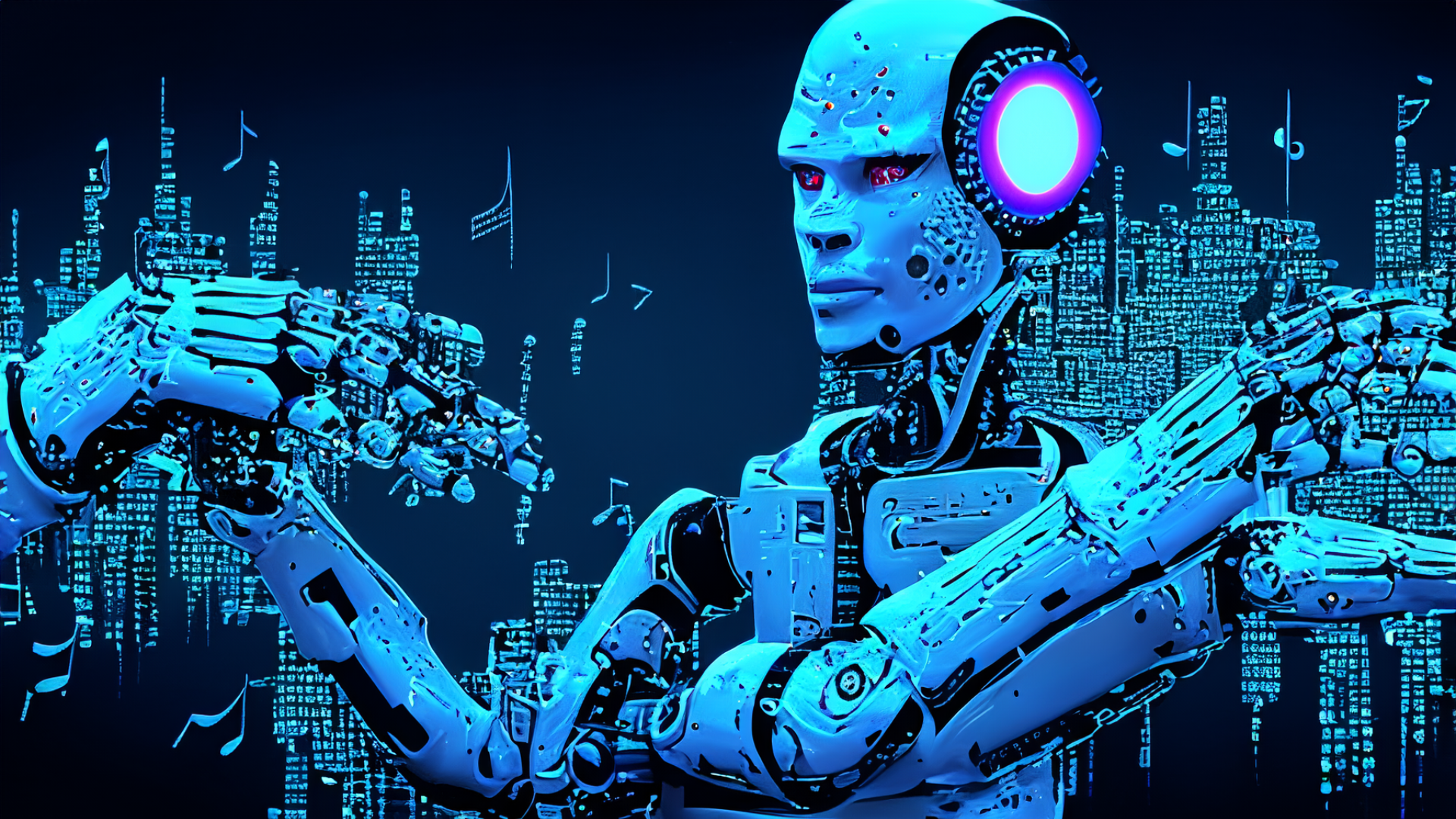 «A robot creating music, digital art» by Photoshop AI